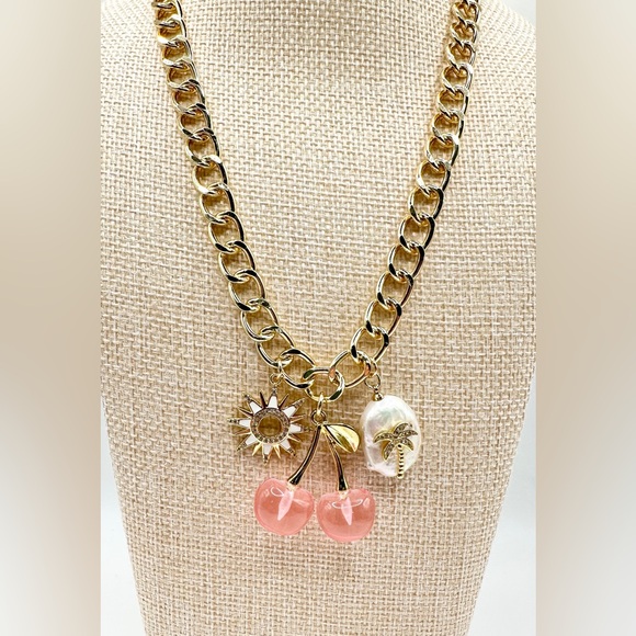 unbranded Jewelry - Original Creation New Gold Chain Necklace with Pink Cherries Pendant